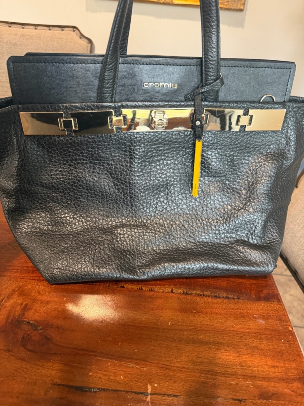 Cromia Black Pebbled Leather Tote with Gold Accent